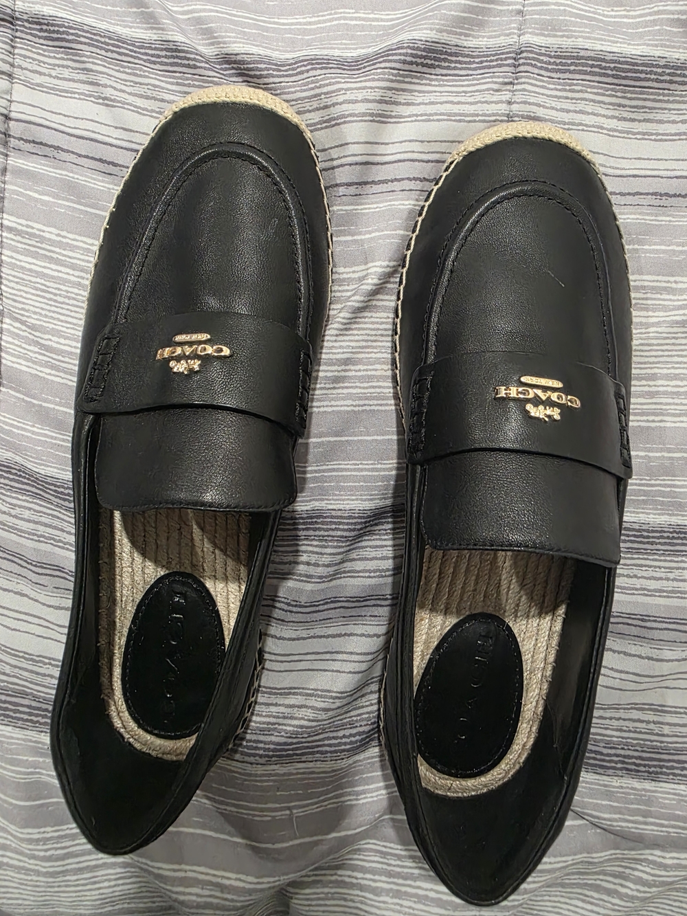 Coach Mens Black Leather Slip-On Loafers with Gold Logo
